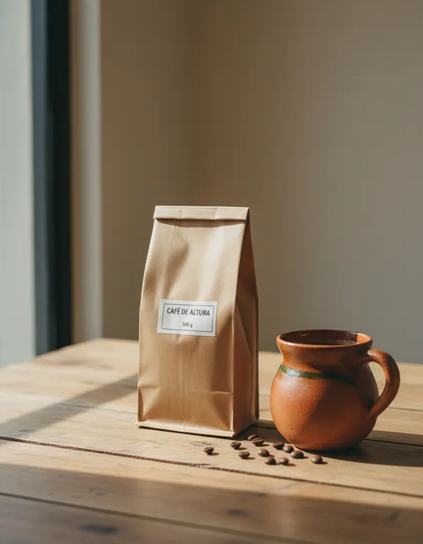 La misma bolsa de café junto a un jarrito de barro