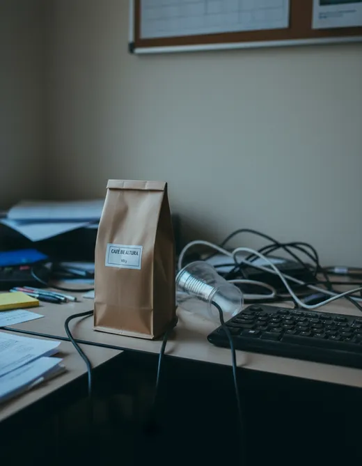 Bolsa de café sobre un escritorio con cables