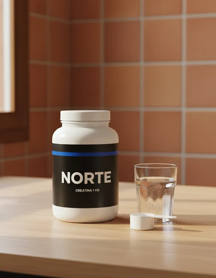 Frasco de creatina sobre una mesa de cocina con luz de mañana, junto a un vaso de agua